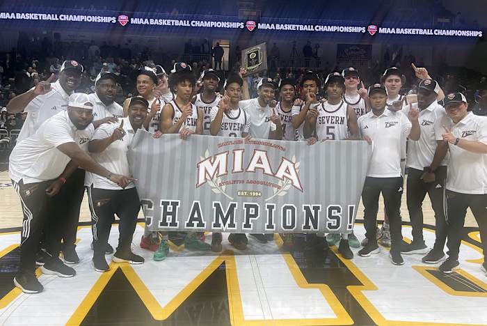 The Severn boys basketball team completed an undefeated season against MIAA B Conference competition with a 62-46 victory over Gerstell Academy in Saturday's championship game at UMBC. (Photo by Derek Toney)